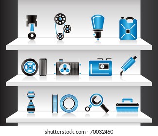 Shelf with Car Parts - Vector Illustration