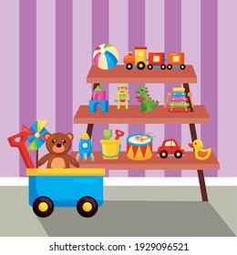 shelf and cart with toys