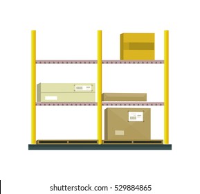 Shelf with cartoon box. Box and cartoon, shelving and carton paper box, racks with boxes, cartoon frame, warehouse storage with cardboard container, cargo cartoon box illustration in flat