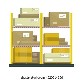 Shelf with cartoon box. Shelving paper, warehouse storage, cardboard container, cargo illustration in flat