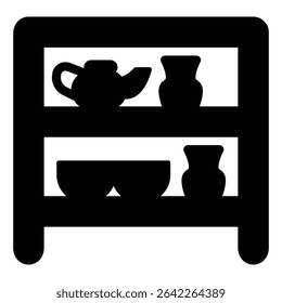 Shelf with ceramic and clay jugs solid icon, pottery making concept. Vector graphics. Fragile items with different sizes sign on white background, style mobile or design