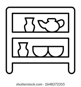 Shelf with ceramic and clay jugs thin line icon, pottery making concept. Vector graphics. Fragile items with different sizes sign on white background, style mobile or design