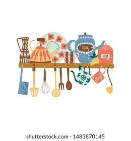 Shelf with ceramic tableware and hanging kitchen tools flat cartoon style, vector illustration isolated on white background. Group of decorative porcelain dishware and utensils