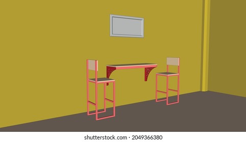 shelf with chair with photo frame vector background with wall view iso