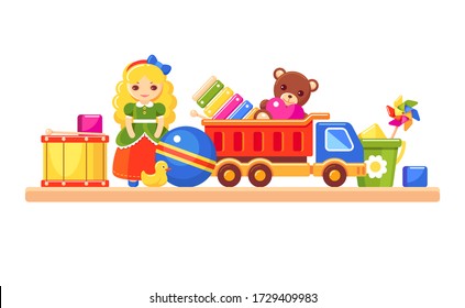 Shelf with children's toys. Doll, bear, bucket, ball, truck, drum, pinwheel, xylophone, toy blocks and duck set. Interior element for kid's room. Vector colorful illustration