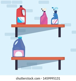 shelf with cleaning supplies and bottle