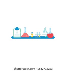 shelf with clipboard, microscope and chemical flask bottles over white background, flat style, vector illustration