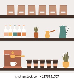 Shelf with coffee accessories. The interior of the coffee house. Vector illustration