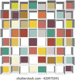 Shelf with color square compartments.