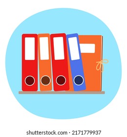 Shelf with colored ring binders isolated and folder for papers . Stationery in flat style