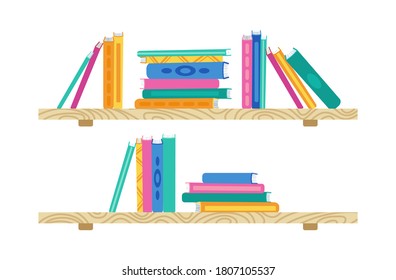 Shelf with colorful book. Wooden bookshelves in library. Flat stack of books collection. Office shelf, wall interior study, school bookcase and bookshelf. Vector illustration on white background