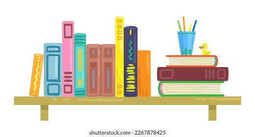 Estante con libros coloridos, lápices y juguetes. Al estilo de las caricaturas. Aislado sobre fondo blanco. Ilustración plana del vector