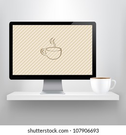 Shelf With Computer And Cup Of Coffee, Vector Illustration