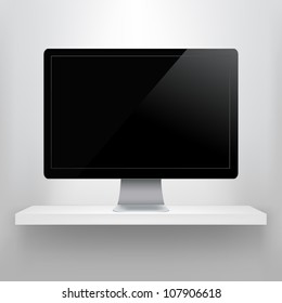 Prateleira Com Computador, Isolado Em Fundo Cinza, Ilustração De Vetor