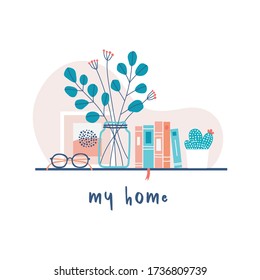 Shelf decoration with cozy home objects. Hand drawn vector illustration.