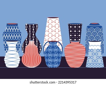 Ein Regal mit dekorativen Töpfen mit Mustern. Farbige Töpfereien verschiedener Formen und Größen. Hauspflanzen Vasen. Vektorgrafik.