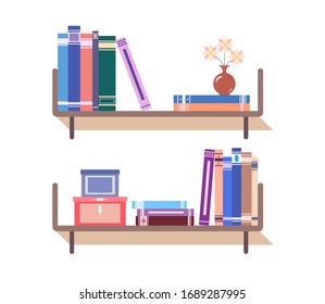 Schrank mit verschiedenen Büchern, Schachtel, Korb und Blumentopf auf weißem, isoliertem Hintergrund. Lesen, Innenobjekte.