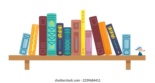 Shelf with different books. In cartoon style. Isolated on white background. Vector flat illustration