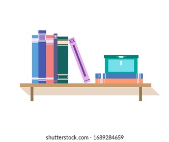 Shelf with different colorful book and casket on white isolated background. Flat study illustration. Suitable for interior poster.