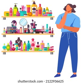 Shelf with different female accessories and perfumes. Lady looking at cosmetics and perfumery. Woman choosing from shelf. Accessories for modern women, beauty, skin care products, perfume stand