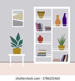 shelf with dishes, vases, bottle, books, stack of books, houseplant. Simple cartoon style