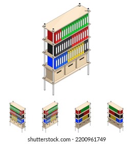 Shelf with drawers. Office furniture for storing and sorting documents in folders and boxes. Vector illustration in cartoon style, isolate.