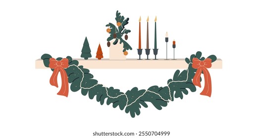 A shelf with festive decorations: candles, a fir garland, twigs in a vase, toys, bows. An element of a cozy Christmas home interior. A flat vector illustration isolated on a white background.