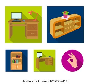 A shelf with a flower, a desk with a computer and a lamp ,a table with a monitor and a book, a cabinet with documents and a radio.Furniture and interior set collection icons in flat style isometric