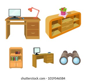 A shelf with a flower, a desk with a computer and a lamp ,a table with a monitor and a book, a cabinet with documents and a radio.Furniture and interior set collection icons in cartoon style isometric
