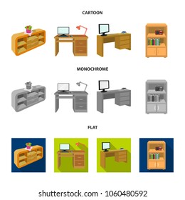 A shelf with a flower, a desk with a computer and a lamp ,a table with a monitor and a book, a cabinet with documents and a radio.Furniture and interior set collection icons in cartoon,flat,monochrome