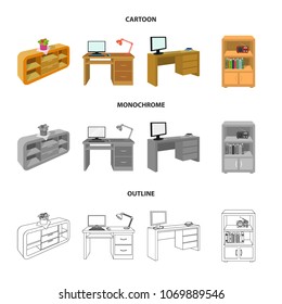 A shelf with a flower, a desk with a computer and a lamp ,a table with a monitor and a book, a cabinet with documents and a radio.Furniture and interior set collection icons in cartoon,outline
