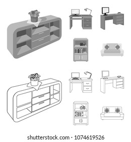 A shelf with a flower, a desk with a computer and a lamp ,a table with a monitor and a book, a cabinet with documents and a radio.Furniture and interior set collection icons in outline,monochrome