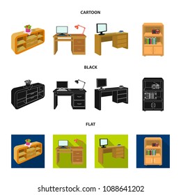 A shelf with a flower, a desk with a computer and a lamp ,a table with a monitor and a book, a cabinet with documents and a radio.Furniture and interior set collection icons in cartoon,black,flat