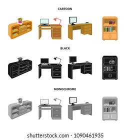 A shelf with a flower, a desk with a computer and a lamp ,a table with a monitor and a book, a cabinet with documents and a radio.Furniture and interior set collection icons in cartoon,black