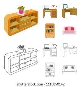 A shelf with a flower, a desk with a computer and a lamp ,a table with a monitor and a book, a cabinet with documents and a radio.Furniture and interior set collection icons in cartoon,outline style