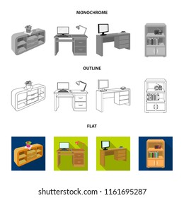 A shelf with a flower, a desk with a computer and a lamp ,a table with a monitor and a book, a cabinet with documents and a radio.Furniture and interior set collection icons in flat,outline,monochrome
