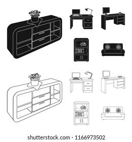 A shelf with a flower, a desk with a computer and a lamp ,a table with a monitor and a book, a cabinet with documents and a radio.Furniture and interior set collection icons in black,outline style