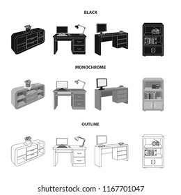 A shelf with a flower, a desk with a computer and a lamp ,a table with a monitor and a book, a cabinet with documents and a radio.Furniture and interior set collection icons in black,monochrome