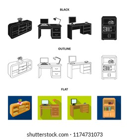 A shelf with a flower, a desk with a computer and a lamp ,a table with a monitor and a book, a cabinet with documents and a radio.Furniture and interior set collection icons in cartoon style isometric