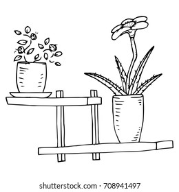 Shelf with flowers. Houseplants. Vector illustration.