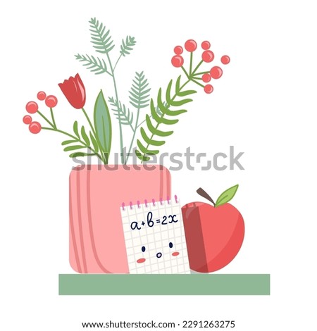 shelf with flowers, notepad and apple
