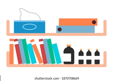 Shelf with folders, documents, disposable napkins, medicine bottles, drug bottle, medical records, reports, medical tests. Equipment of the veterinary office: shelves, racks. Flat vector image for web