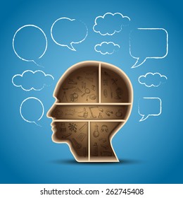 Shelf in form of head with bubble talk - with icons for school learning, education concept