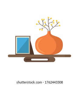 Shelf with frame and flower inside pot design, Home room decoration interior modern house decor living and apartment theme Vector illustration