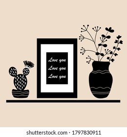 A shelf with a framed poster, a cactus in a pot, and a jug with a bouquet of plants. Interior composition, monochrome.