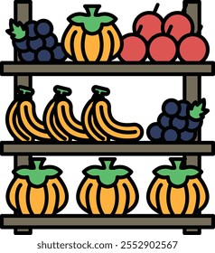 A shelf of fruit and vegetables including bananas, apples, grapes, and pumpkins. The image has a cheerful and colorful mood, with the bright colors of the fruits