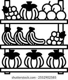 Uma prateleira de frutas e legumes, incluindo bananas, maçãs, uvas e abóboras