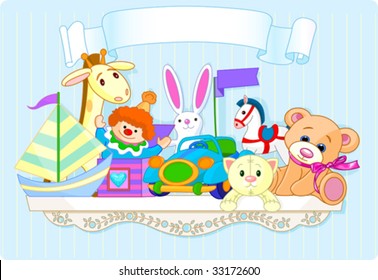 Shelf full of baby toys with place for copy\text