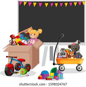 Shelf full of books and toys on white background illustration