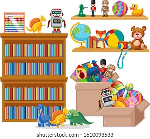 Shelf full of books and toys on white background illustration